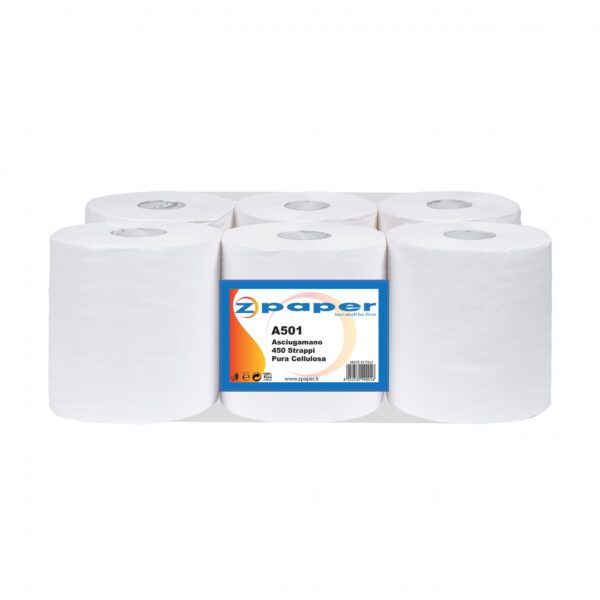 A501 - 6 Rotoli Asciugamani da 450 Strappi Carta Pura Cellulosa