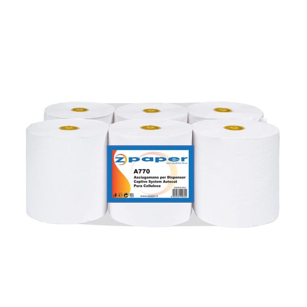 A770 - 6 Rotoli Asciugamani per nostro Dispenser Captive System Autocut D770 Carta Pura Cellulosa