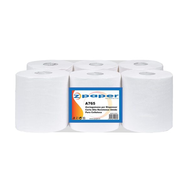 A765 - 6 Rotoli Asciugamani da 100 Metri per Dispenser a Taglio Automatico Carta Pura Cellulosa