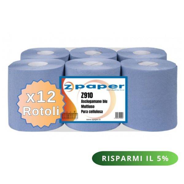 Z910 – 12 Rotoli Asciugamani Multiuso – Carta Pura Cellulosa BLU