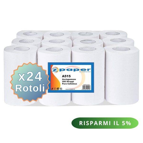 A515 – 24 Rotoli Asciugamani da 200 Strappi Carta Pura Cellulosa