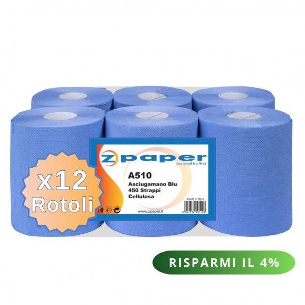 A510 – 12 Rotoli Asciugamani da 450 Strappi Carta Cellulosa BLU