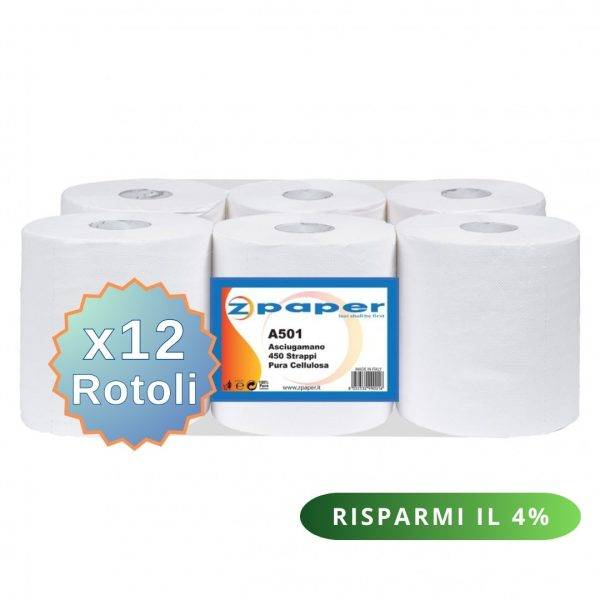 A501 – 12 Rotoli Asciugamani da 450 Strappi Carta Pura Cellulosa