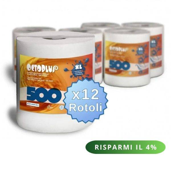 P500 – 12 Rotoli da 500 strappi con maniglia. Carta Pura Cellulosa
