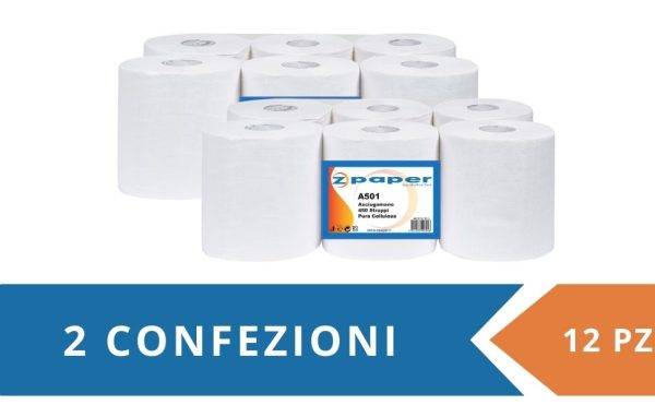 A501 – 12 Rotoli Asciugamani da 450 Strappi Carta Pura Cellulosa - immagine 2