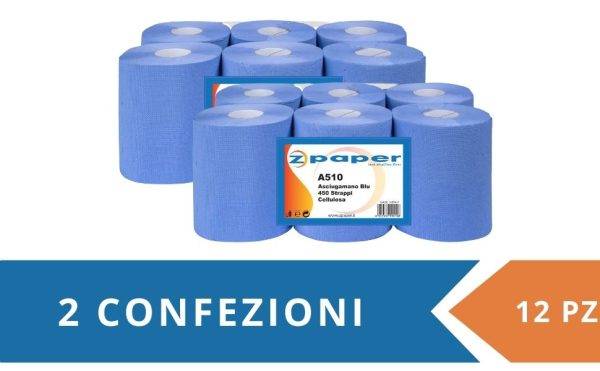 A510 – 12 Rotoli Asciugamani da 450 Strappi Carta Cellulosa BLU - immagine 2